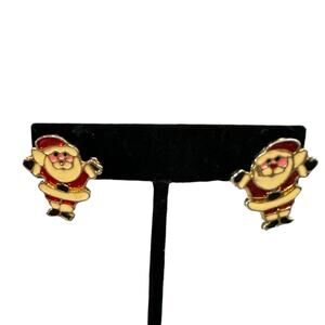 Vintage Christmas Enamel Santa Clause Pierced Earrings Costume Jewelry